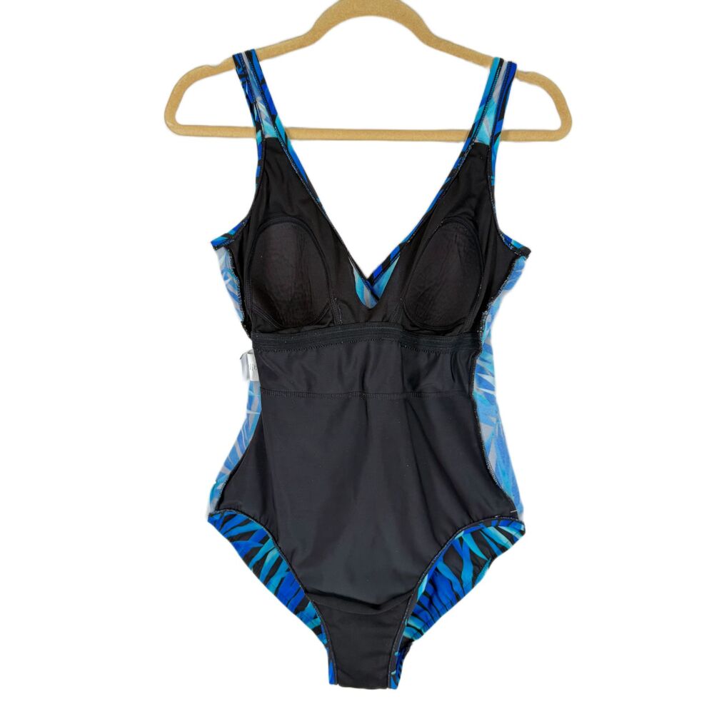 Carribean Joe Swimsuit 12 Turquoise Royal Blue and Black Foliage Tummy Control - Picture 7 of 9